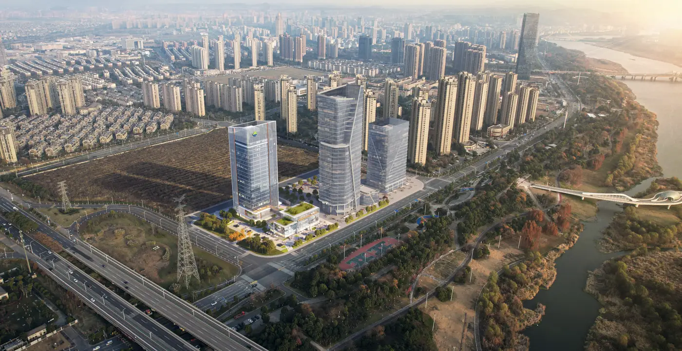 青创大厦项目建成鸟瞰效果，三栋塔楼临江而立