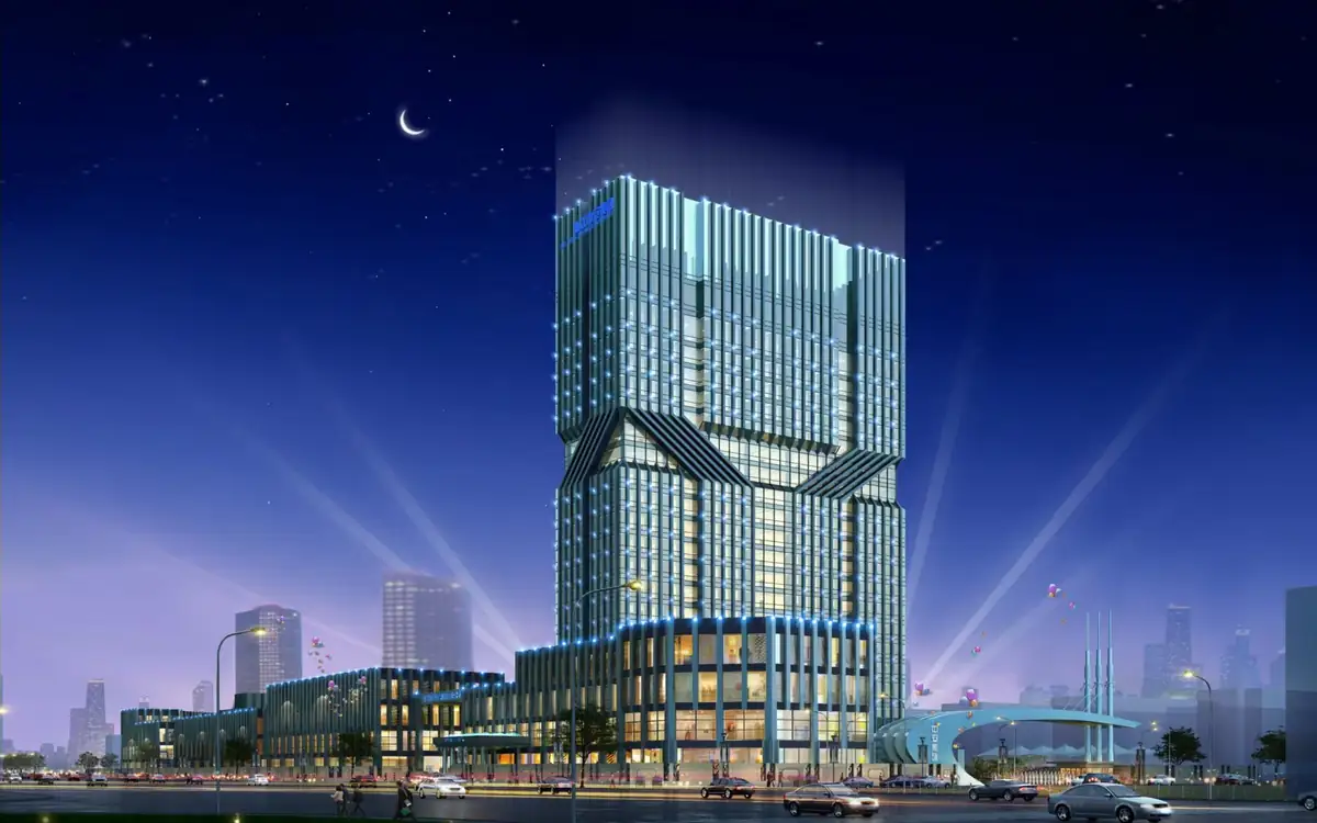 绍兴中安医疗科技新建生产线厂区夜景效果，科研大楼与裙房